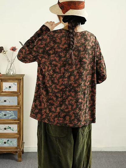 Autumn Flower O-neck Cotton Blouse Av1051