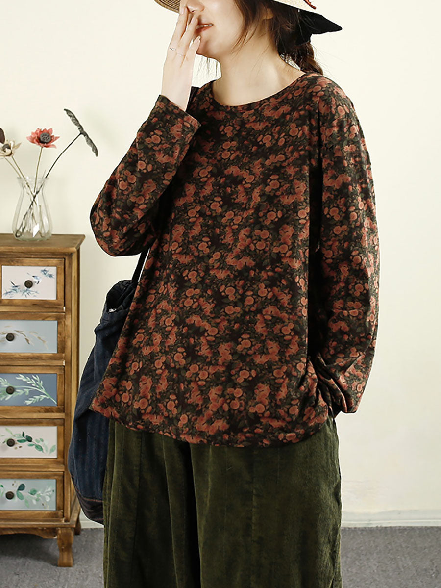 Autumn Flower O-neck Cotton Blouse Av1051