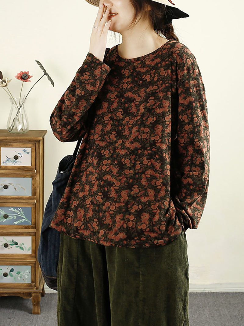 Autumn Flower O-neck Cotton Blouse Av1051