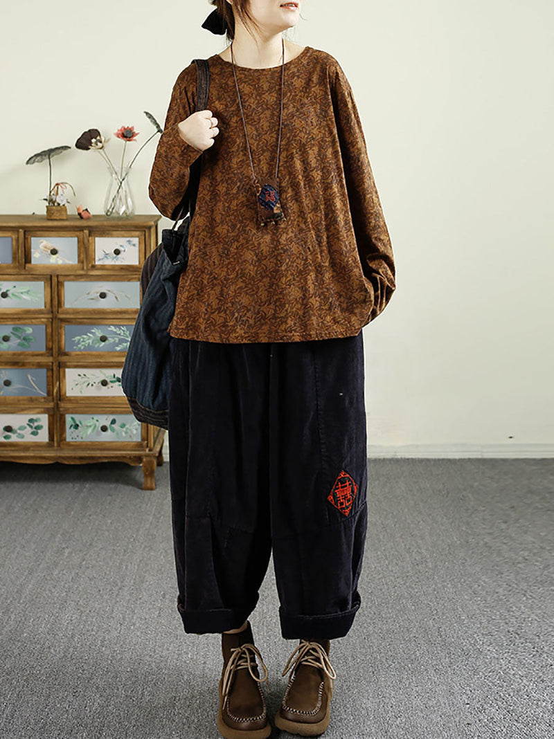 Autumn Flower O-neck Cotton Blouse Av1051