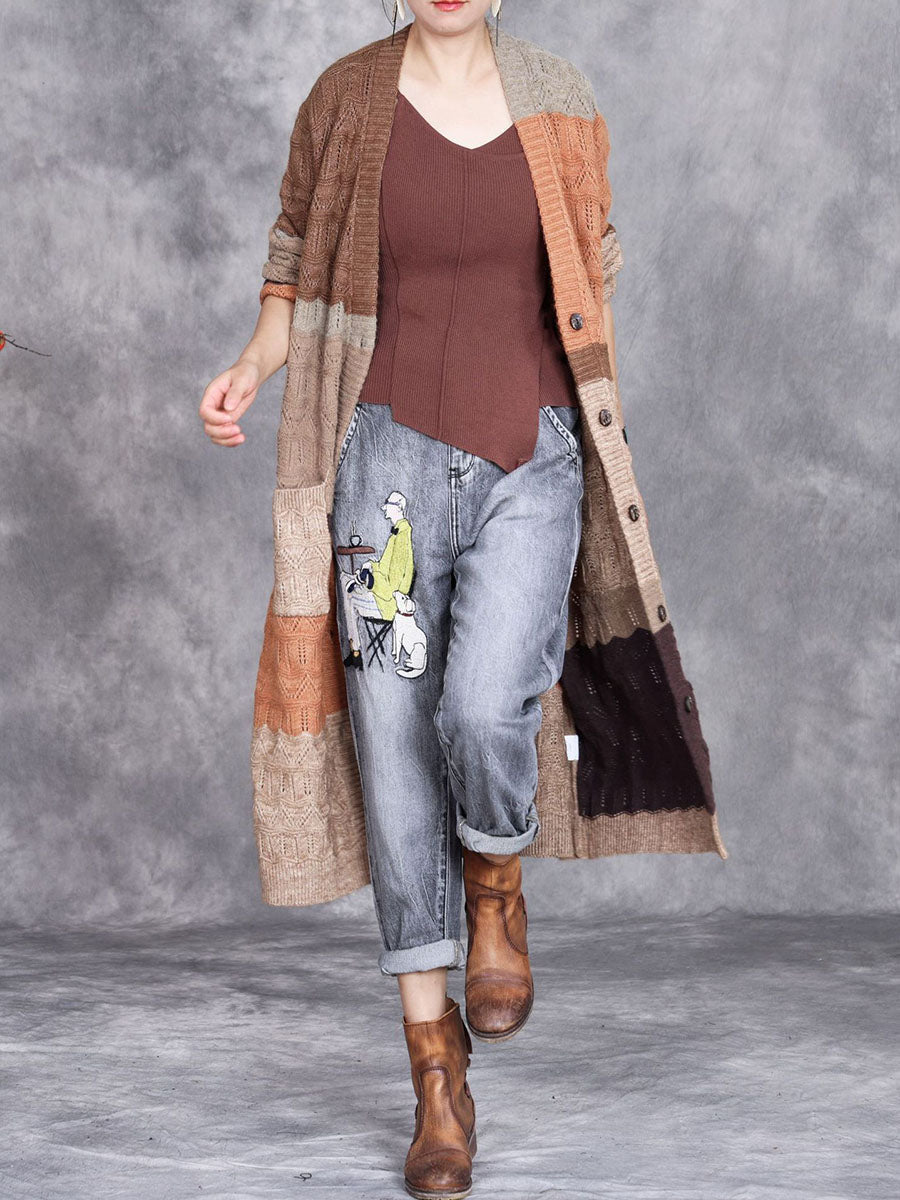 Autumn Artsy Colorblock Knitted V-neck Cardigan Coat Wg030