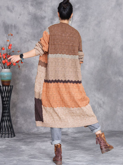 Autumn Artsy Colorblock Knitted V-neck Cardigan Coat Wg030