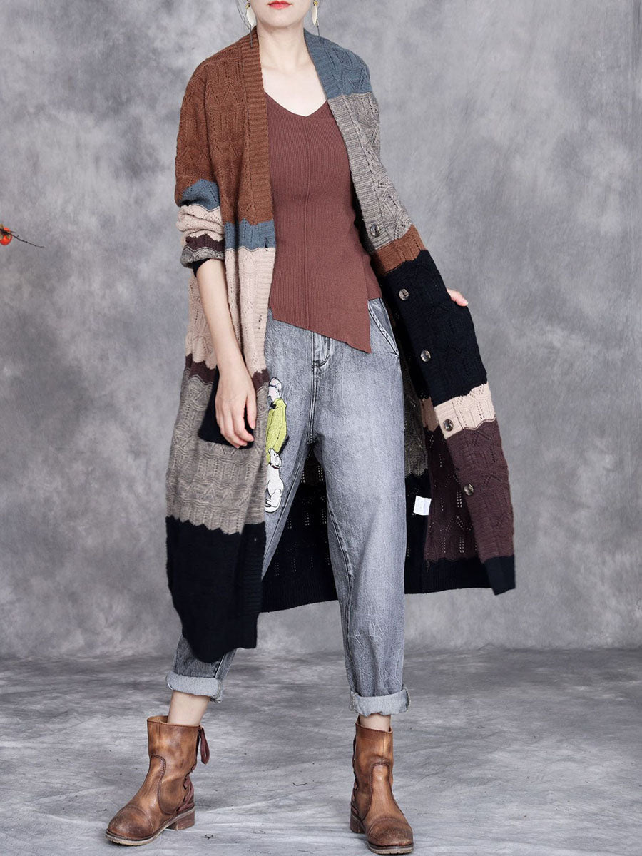 Autumn Artsy Colorblock Knitted V-neck Cardigan Coat Wg030