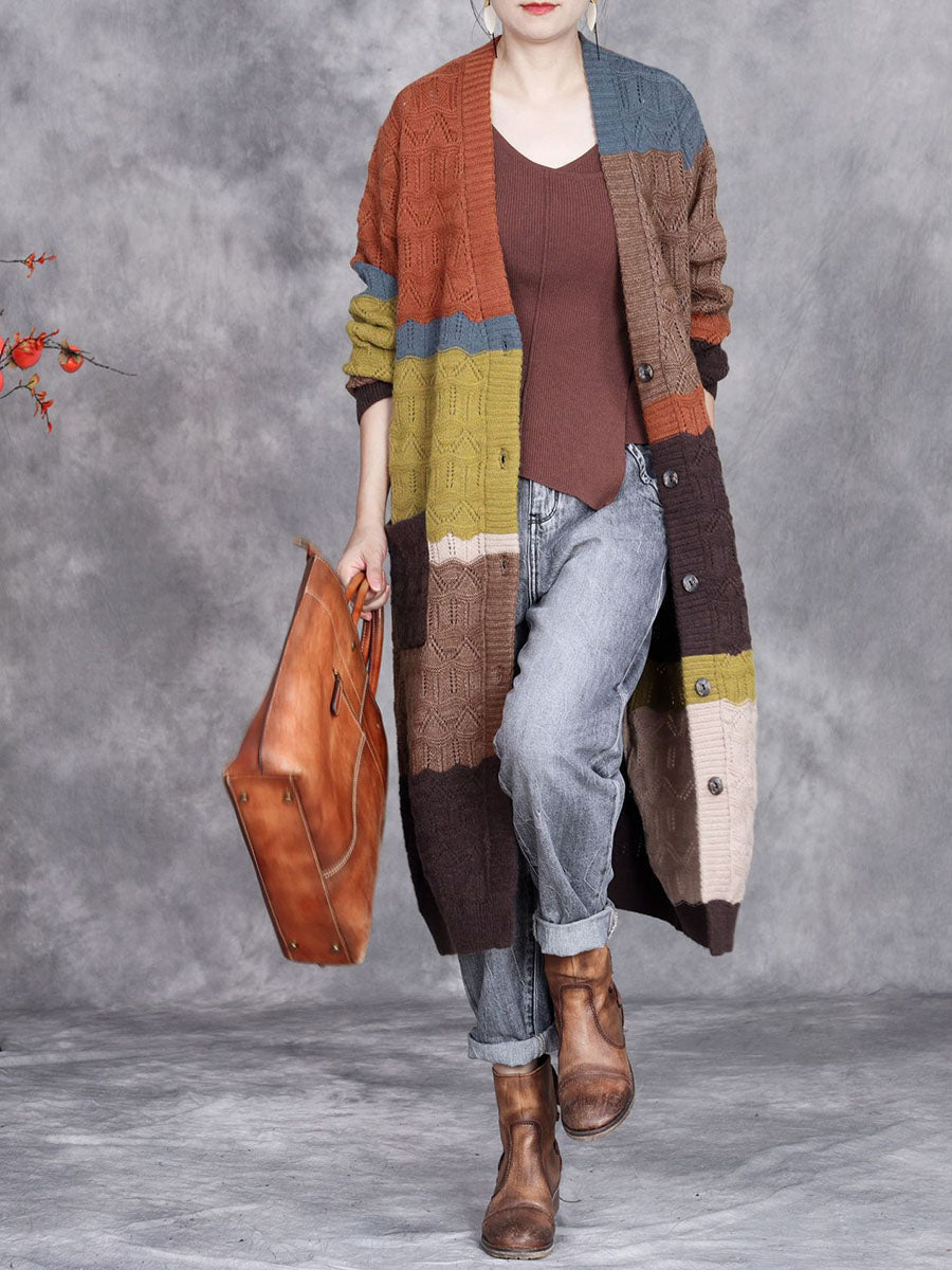 Autumn Artsy Colorblock Knitted V-neck Cardigan Coat Wg030