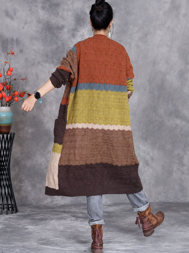 Autumn Artsy Colorblock Knitted V-neck Cardigan Coat Wg030