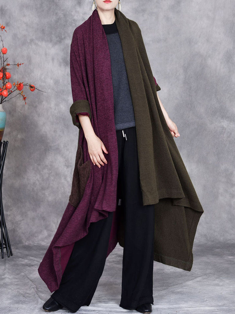 Autumn Artsy Irregular Colorblock V-neck Cardigan Coat Ba1057