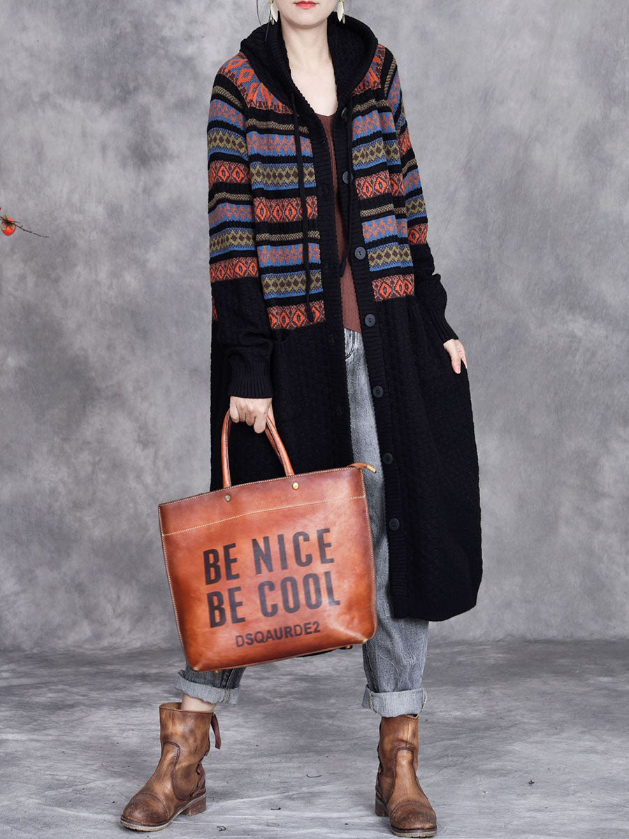 Autumn Artsy Stripe Hooded Knit Cardigan Coat Wg022