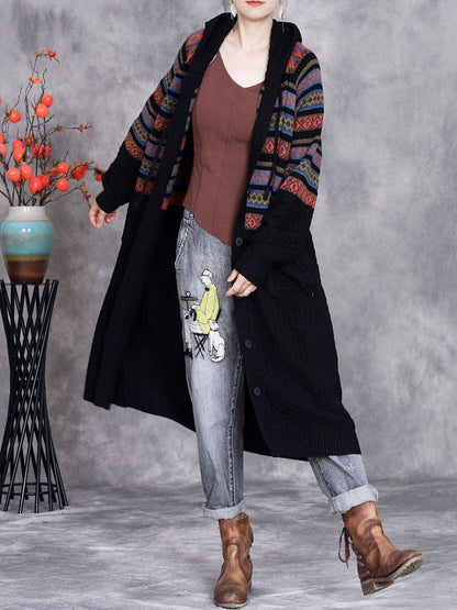 Autumn Artsy Stripe Hooded Knit Cardigan Coat Wg022