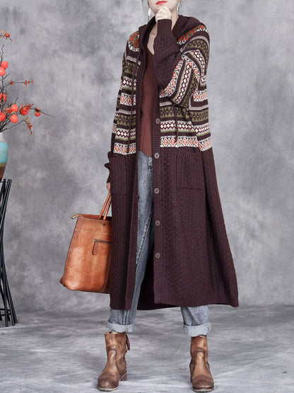 Autumn Artsy Stripe Hooded Knit Cardigan Coat Wg022