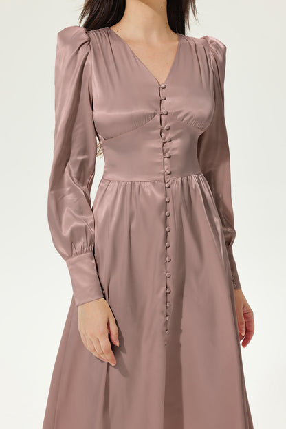Lantern Sleeve V-neck Buttoned Midi Dress Brown