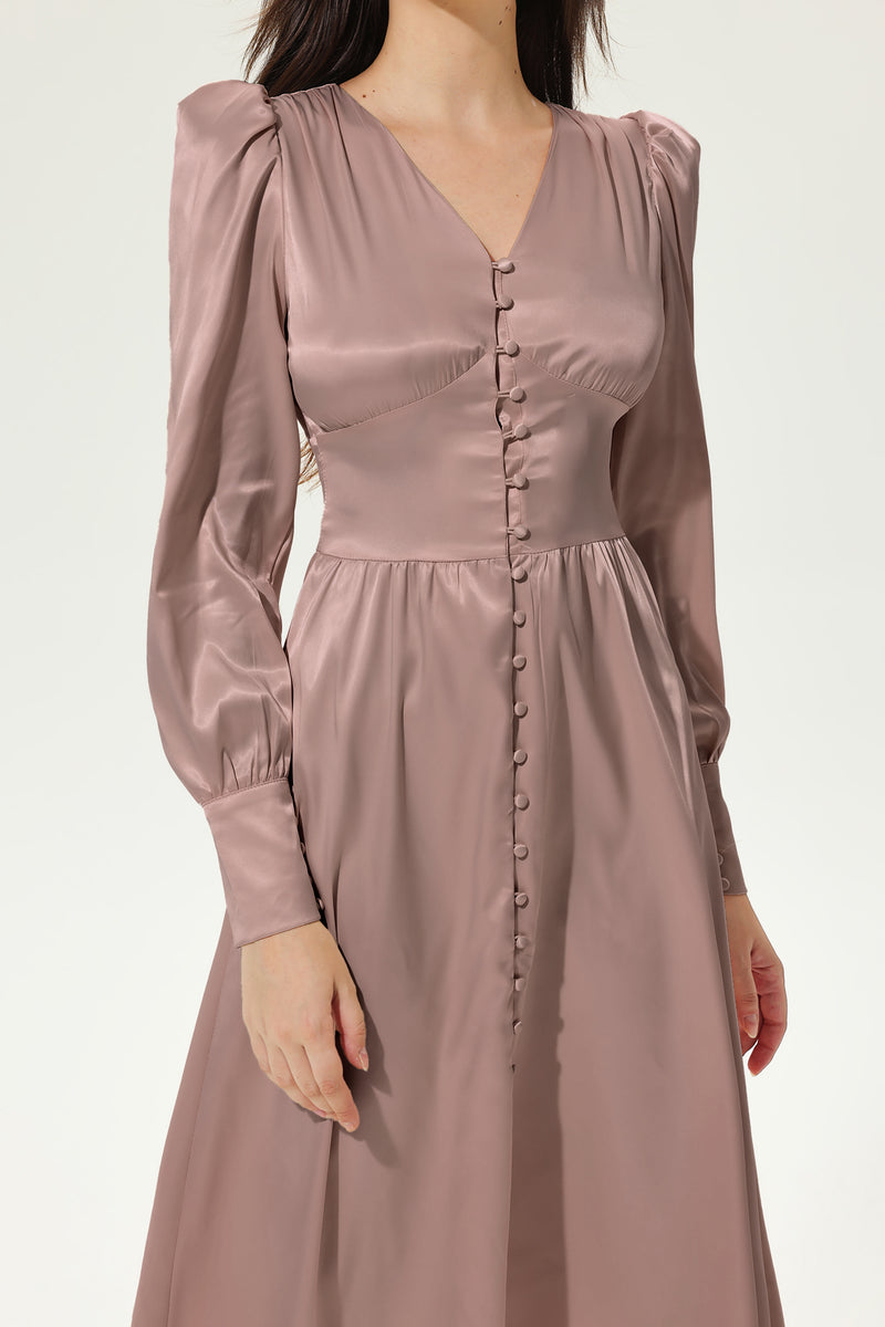 Lantern Sleeve V-neck Buttoned Midi Dress Brown