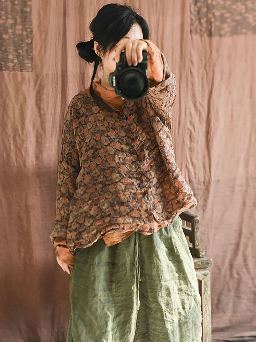 Autumn Artsy Ramie Button-up Blouse Qu033