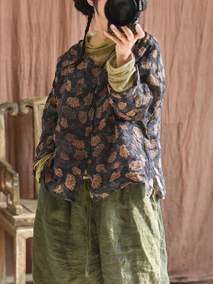Autumn Artsy Ramie Button-up Blouse Qu033