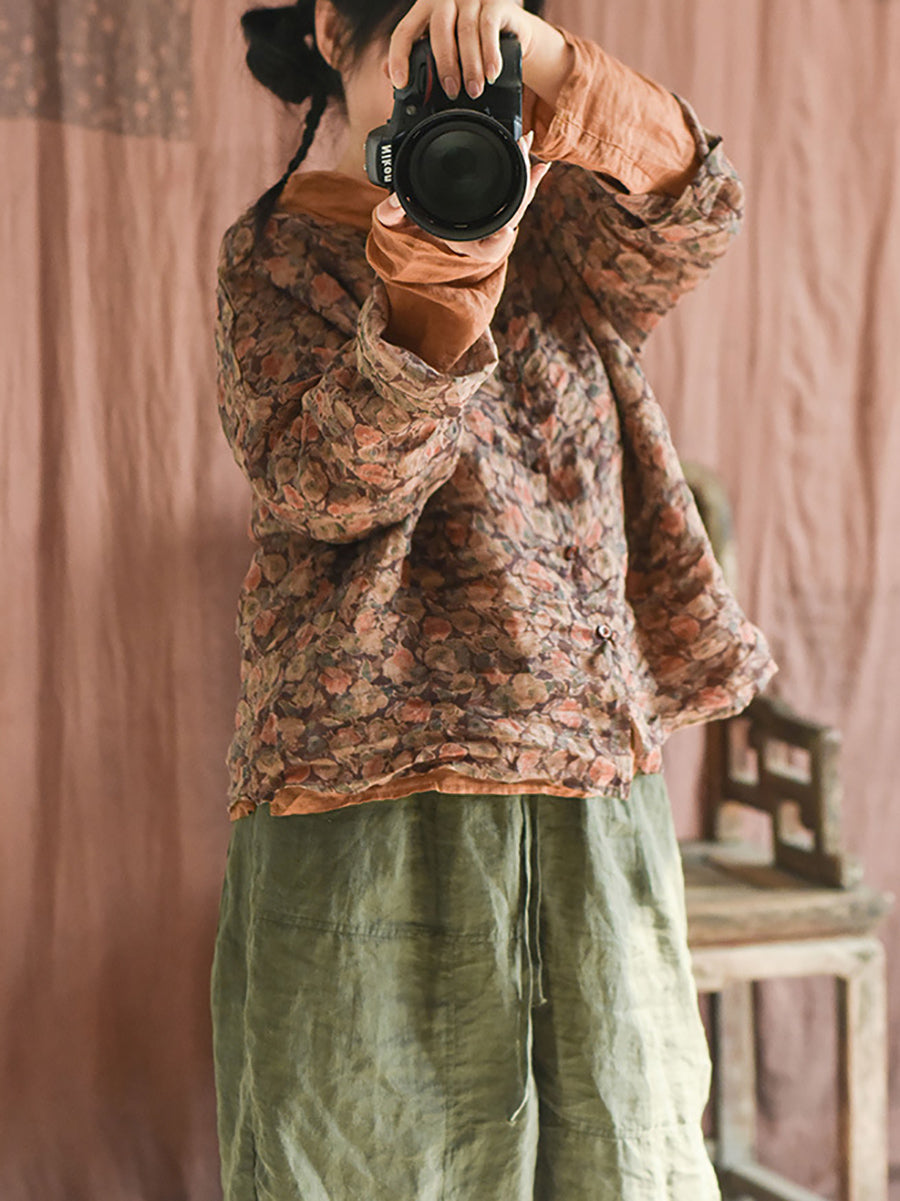 Autumn Artsy Ramie Button-up Blouse Qu033