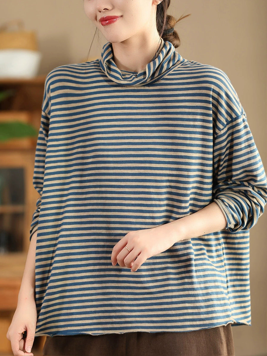 Autumn Stripe Turtleneck Cotton Blouse Qu029