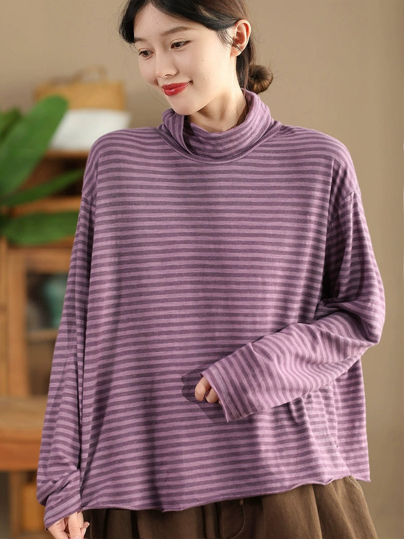 Autumn Stripe Turtleneck Cotton Blouse Qu029