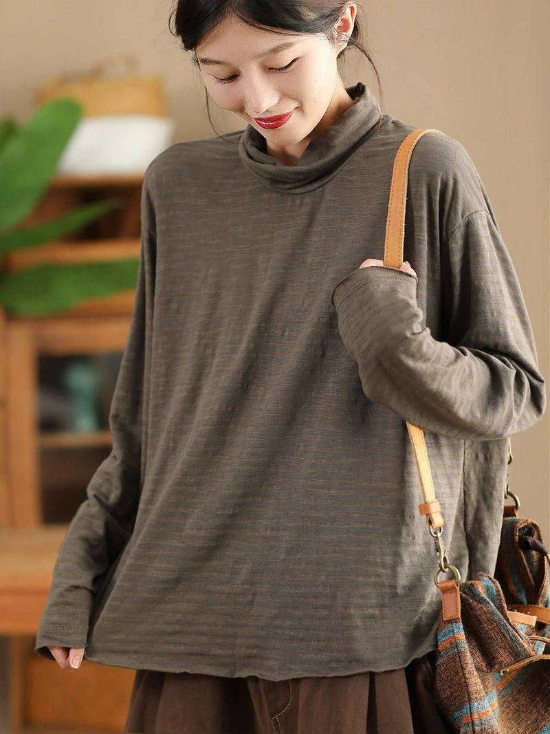 Autumn Stripe Turtleneck Cotton Blouse Qu029