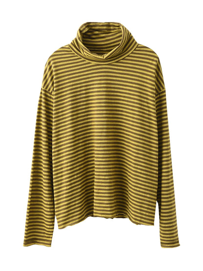 Autumn Stripe Turtleneck Cotton Blouse Qu029