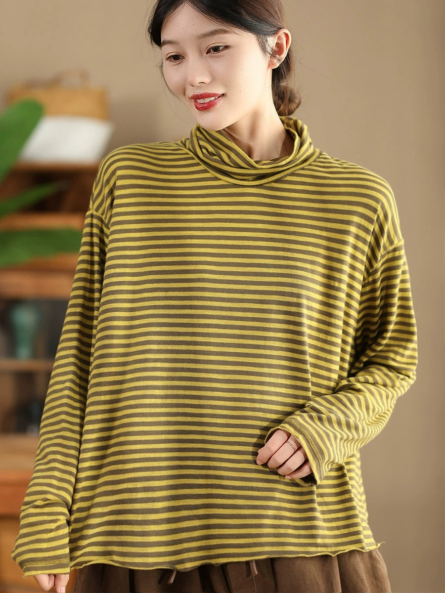 Autumn Stripe Turtleneck Cotton Blouse Qu029