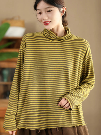 Autumn Stripe Turtleneck Cotton Blouse Qu029