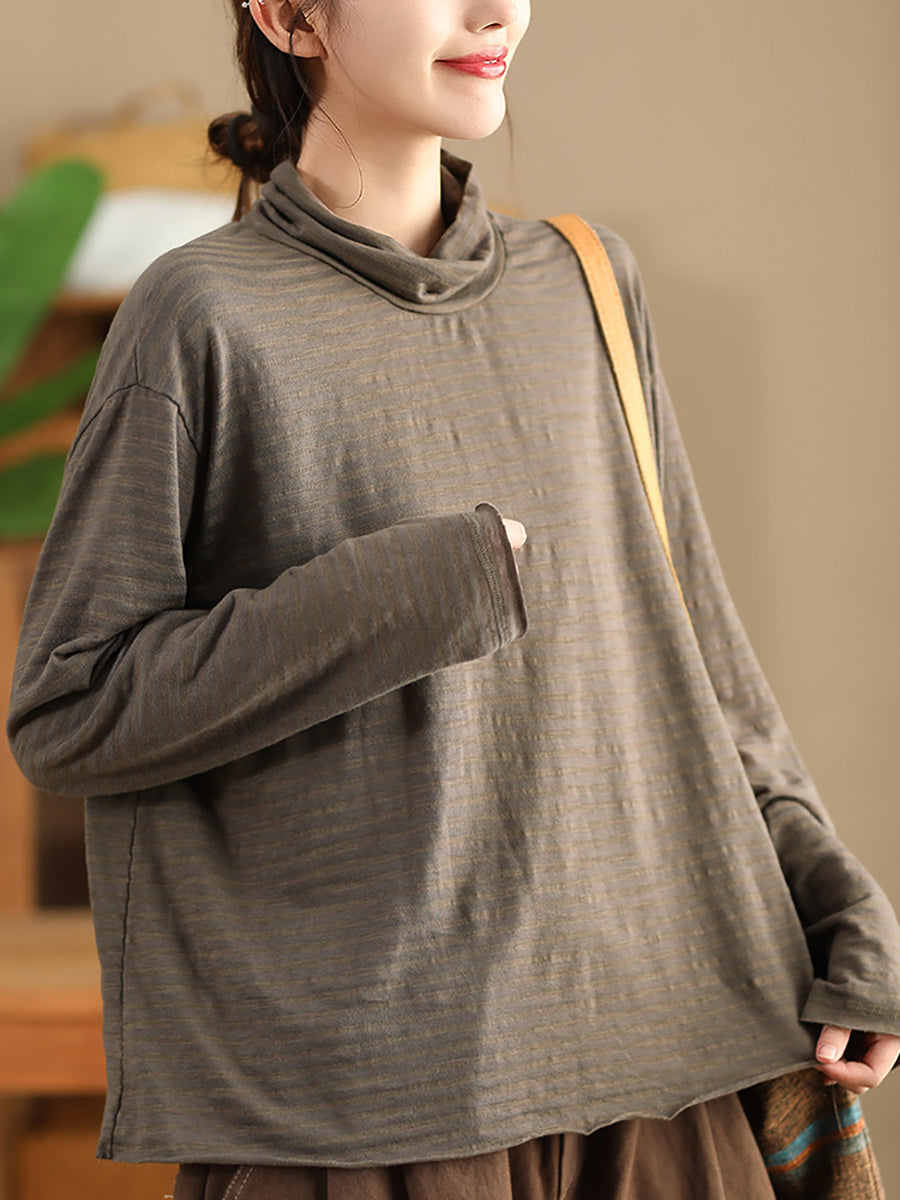 Autumn Stripe Turtleneck Cotton Blouse Qu029