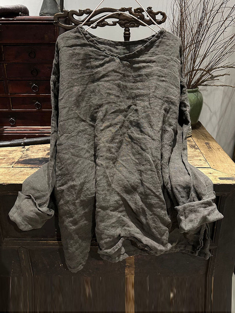 Autumn V-neck Linen Blouse Wg011