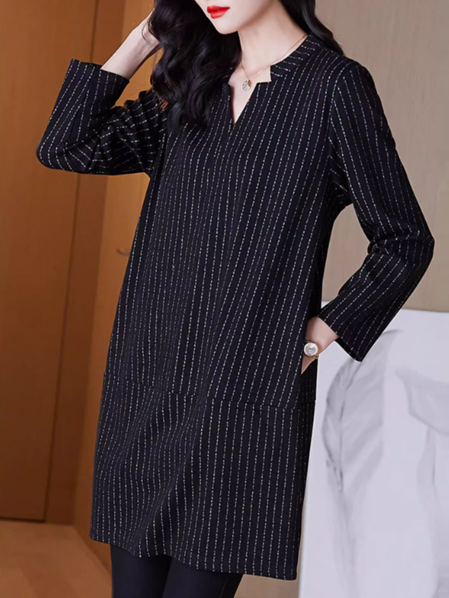 Autumn Stripe V-neck Mini Dress Qm032