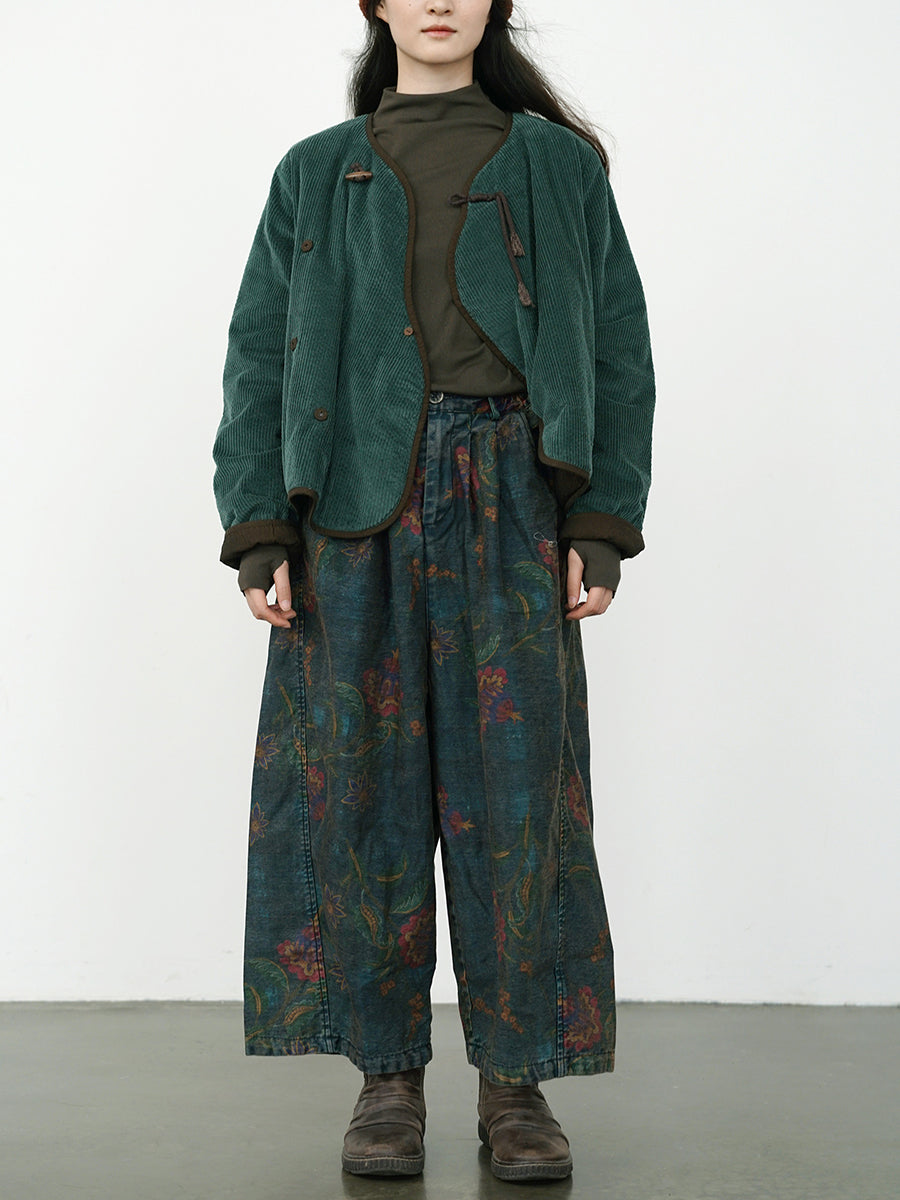Winter Retro Flower Denim Spliced Wide-leg Pants Qm014