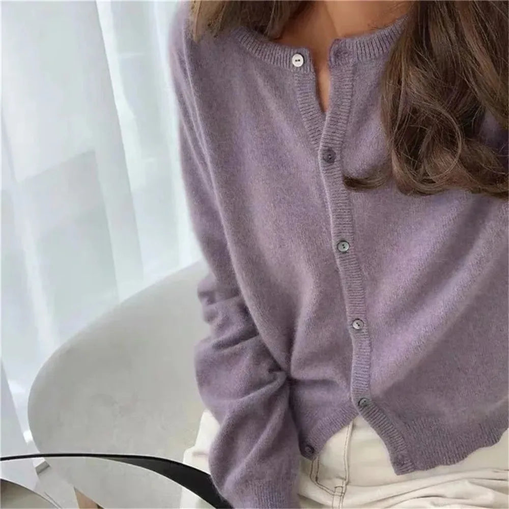 Single Knitted Long Pink Crop Knitted Cardigan Sweater