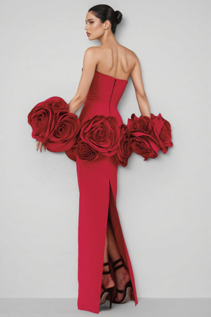 Huxen Red Backless Plunge 3d Maxi Dress