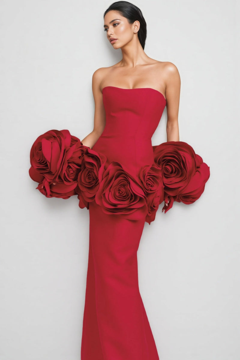 Huxen Red Backless Plunge 3d Maxi Dress