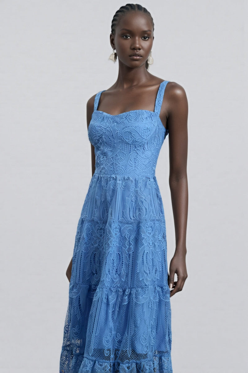 Neona Blue Lace Embroidered Maxi Dress