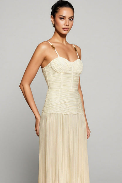 Fynnlk Halter Fishbone Folds Slit Maxi Dress
