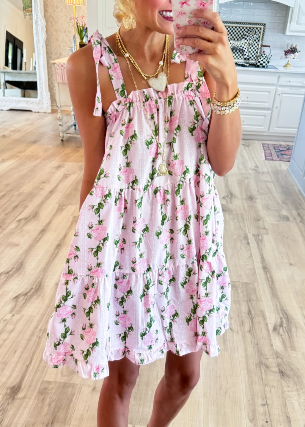 Pink Rose Shoulder Tie Mini Dress