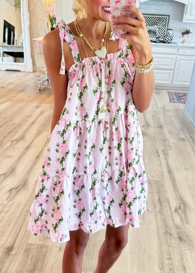 Pink Rose Shoulder Tie Mini Dress