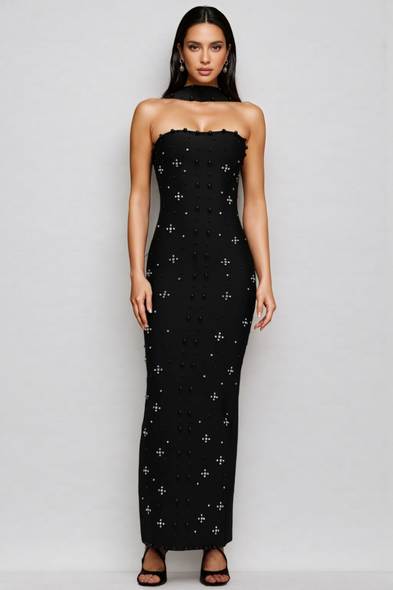 Nyralk Sleeveless Pearl Bandage Maxi Dress