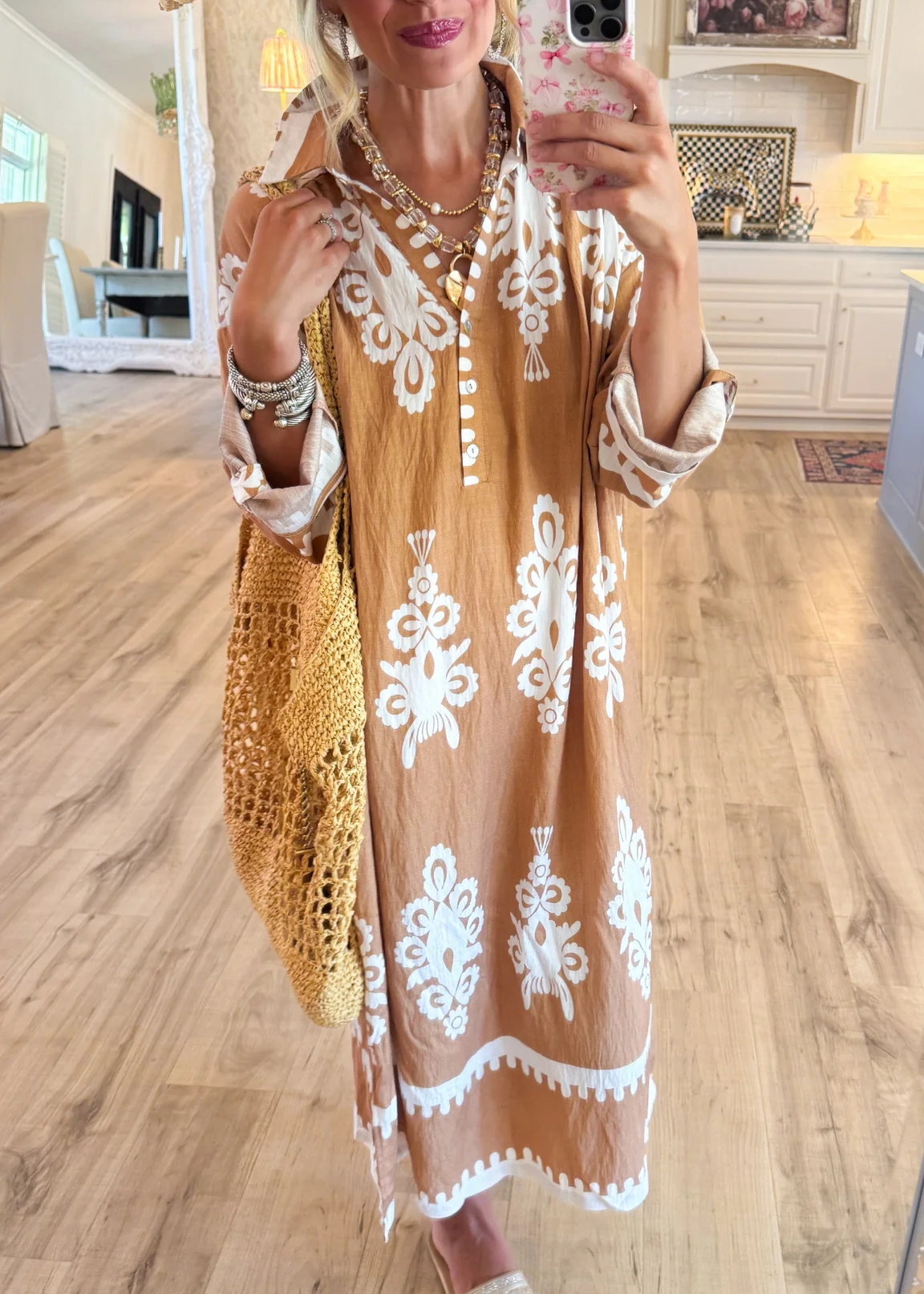 Mocha Abstract Print Midi Dress