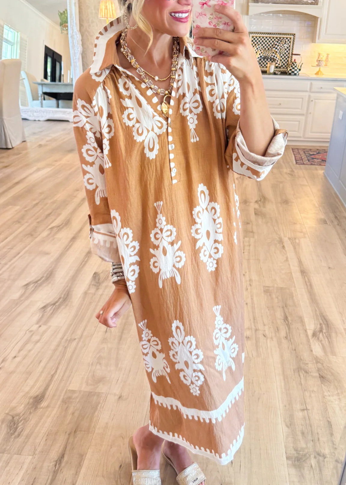 Mocha Abstract Print Midi Dress