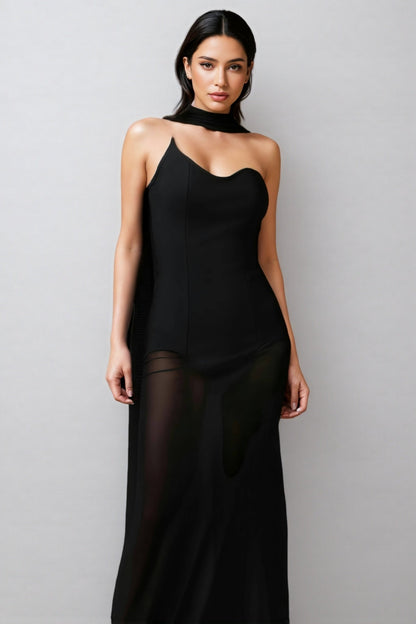 Gricely Sleeveless Tulle Ribbon Bandage Maxi Dress