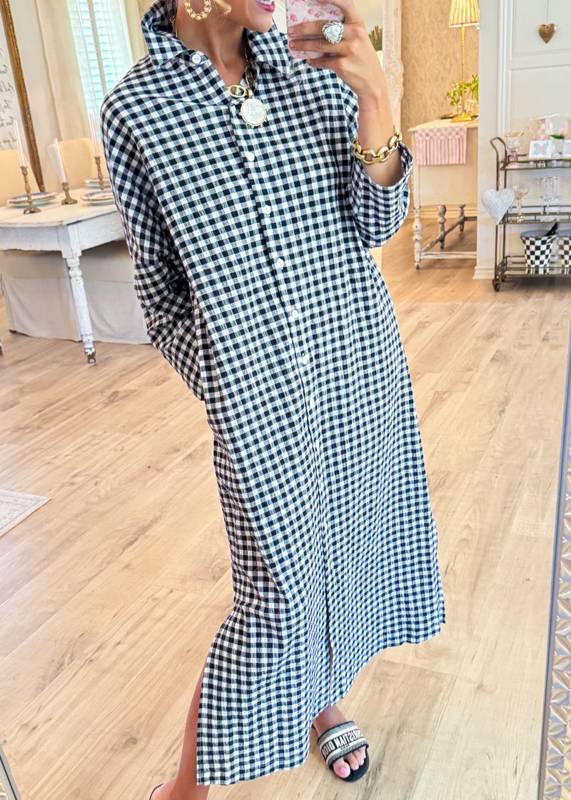 Black Seersucker Gingham Maxi Dress