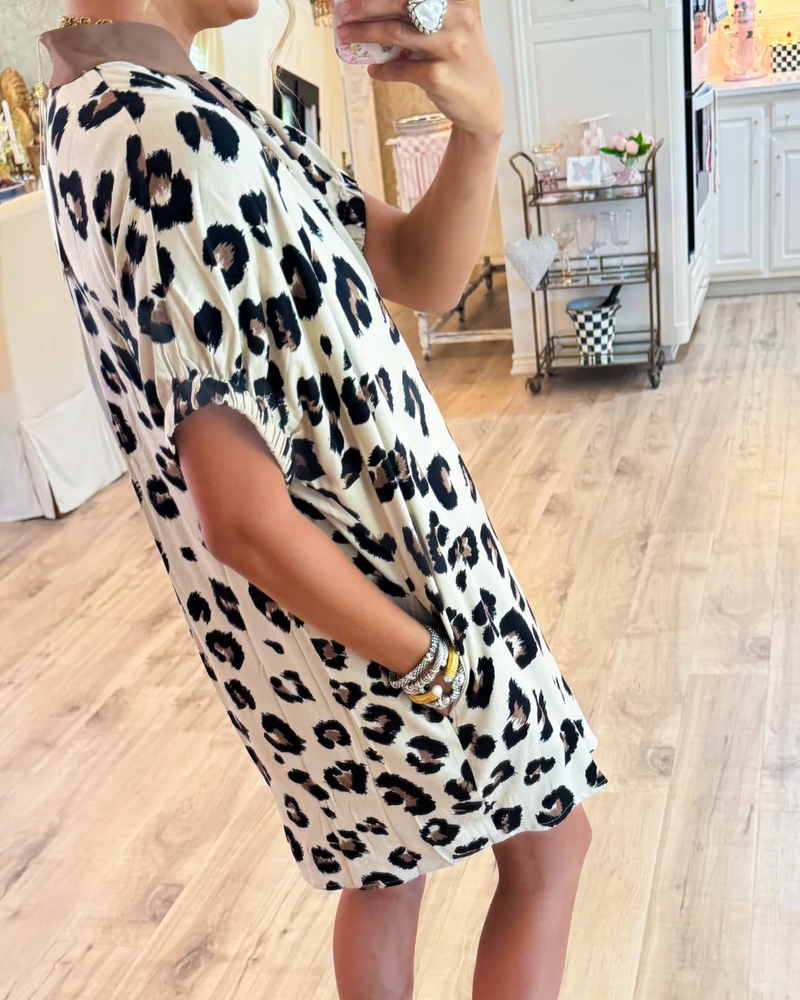 Off White Leopard Dolman Sleeve Mini Dress