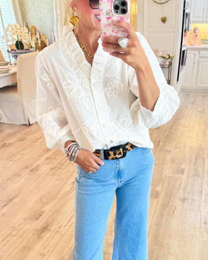 White Button-down 3d Blouse