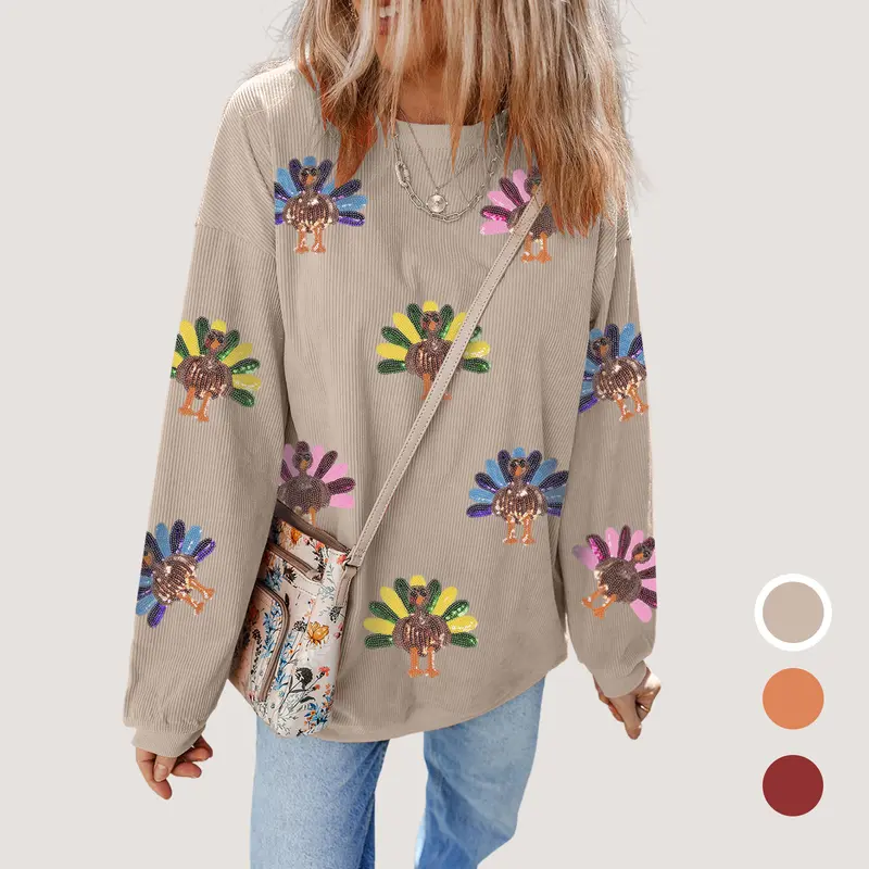 Sequined Turkey Drop Shoulder Sweatshirt