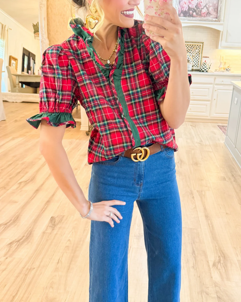 Plaid Puff Sleeve Ruffle Trim Blouse