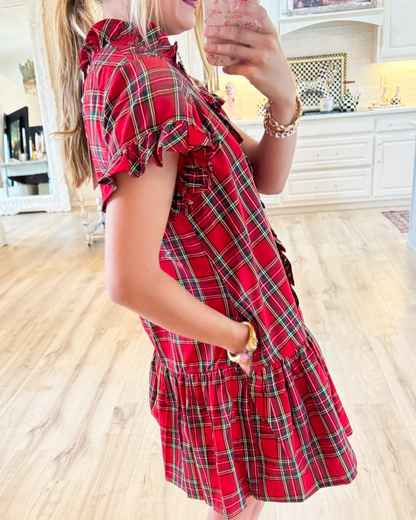 Red Plaid Frilled Neck Mini Dress