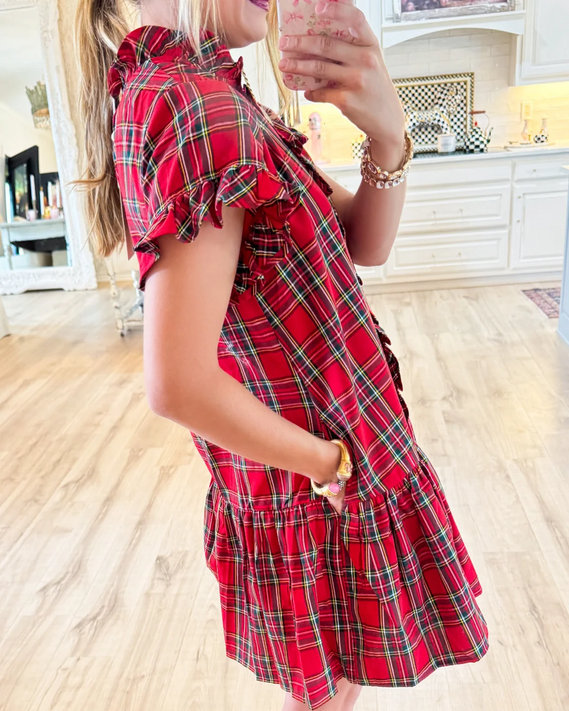 Red Plaid Frilled Neck Mini Dress