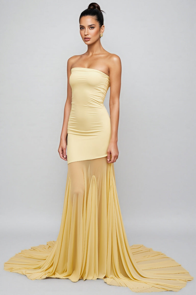 Elwyt Yellow Off Shoulder Sheer Tulle Maxi Dress
