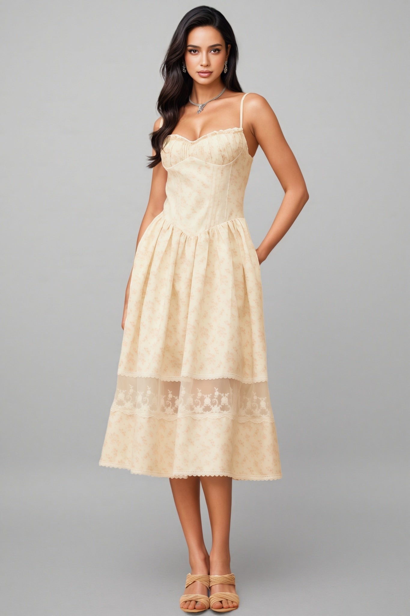 Adrienne Neutral Lace Trim Midi Dress
