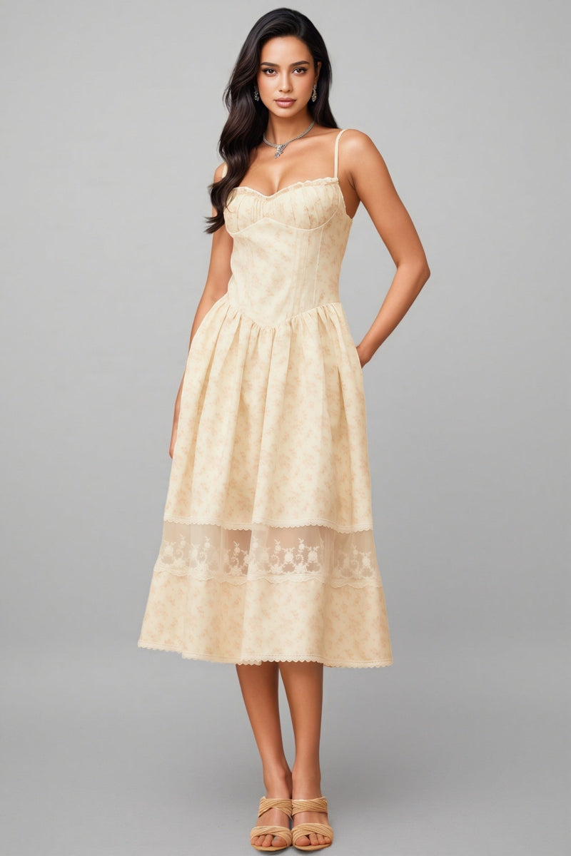 Adrienne Neutral Lace Trim Midi Dress
