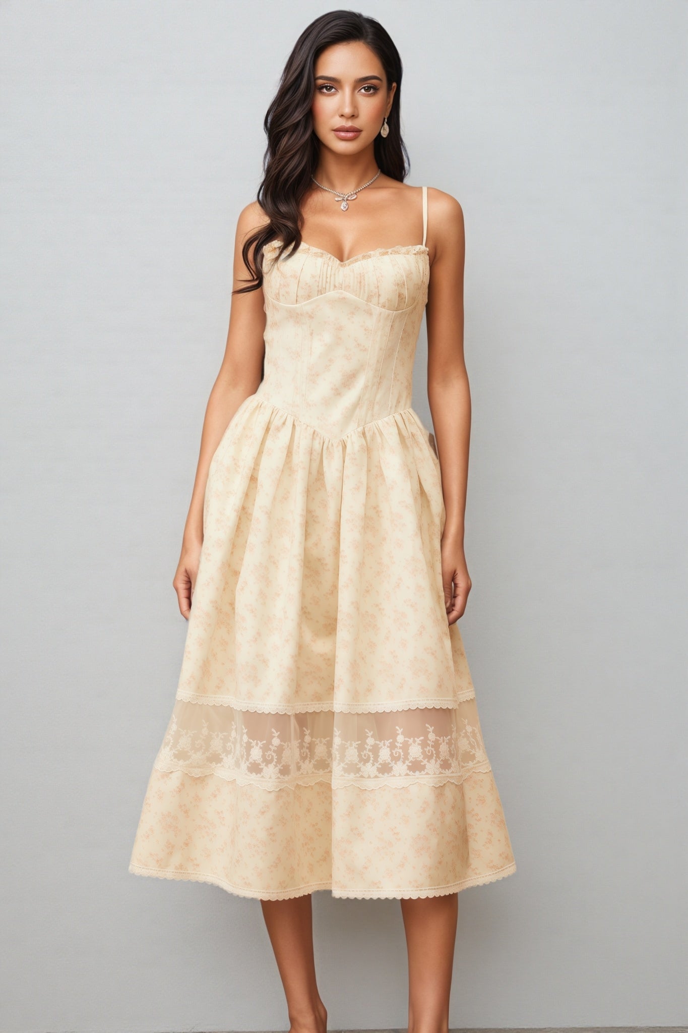 Adrienne Neutral Lace Trim Midi Dress